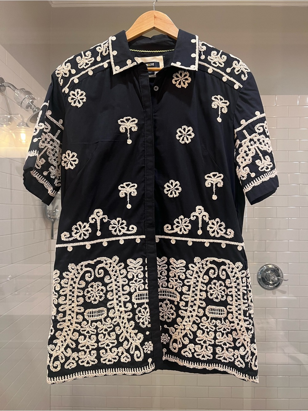 Anthropologie Black Shirt Dress with Cream Embroidery